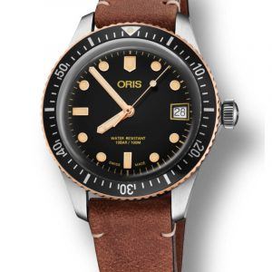 ORIS DIVERS HERRITAGE 65 BRONZE 36 MM automatik armbåndsur med sort skive med brun læderrem