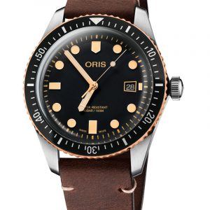 ORIS DIVERS HERRITAGE 65 BRONZE Ø 42 automatik armbåndsur med sort skive og mørkebrun læderrem