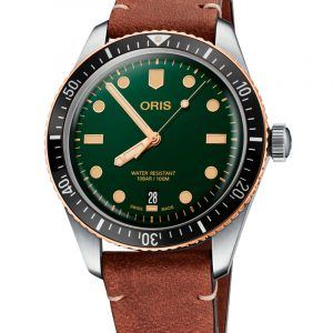 ORIS DIVERS HERRITAGE 65 BRONZE Ø40 automatik armbåndsur med grøn skive og brun læderrem