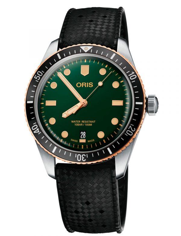 ORIS DIVERS HERRITAGE 65 BRONZE Ø40 automatik armbåndsur med grøn skive og sort gummirem