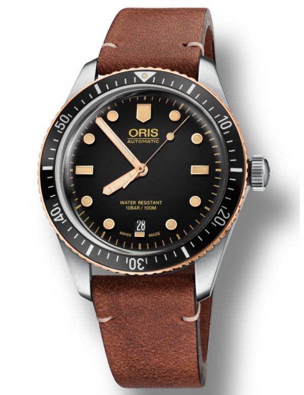 ORIS DIVERS HERRITAGE 65 BRONZE Ø40 automatik armbåndsur med sort skive med brun læderrem
