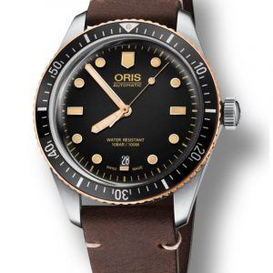 ORIS DIVERS HERRITAGE 65 BRONZE Ø40 automatik armbåndsur med sort skive med mørkebrun læderrem