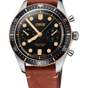 ORIS DIVERS HERRITAGE 65 BRONZE automatik chrono armbåndsur med sort skive med brun rem