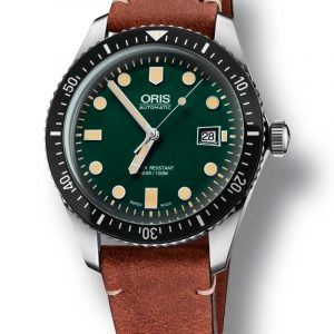 ORIS DIVERS HERRITAGE 65 automatik armbåndsur med grøn skive og brun læderrem