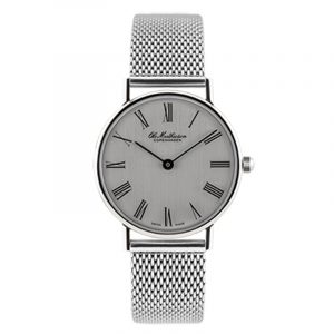 Ole Mathiesen Classic Ø28 mm armbåndsur, sølvfarvet skive, romertal med lænke