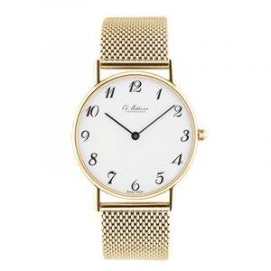 Ole Mathiesen Classic Ø33 mm 18 kt. guldbelagt armbåndsur med lænke, hvid skive med arabertal