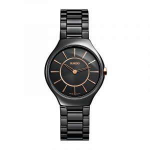 RADO True Thinline dameur i sort keramik med lænke