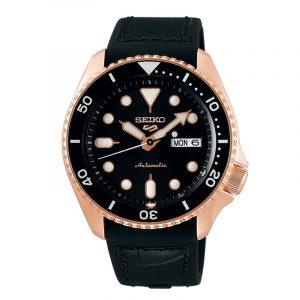 SEIKO 5 Sport herreur rose med sort urskive og sort rem, automatic