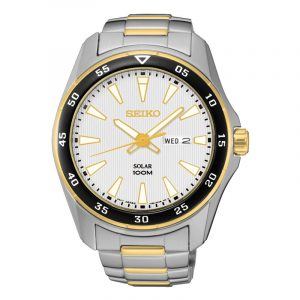 SEIKO Solar herre bicolour armbåndsur hvid urskive med dato, lænke
