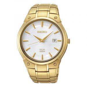 SEIKO Solar herre double armbåndsur hvid urskive med dato, lænke