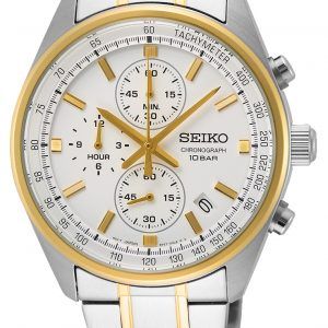 SEIKO chronograph bicolour herreur hvid urskive med lænke