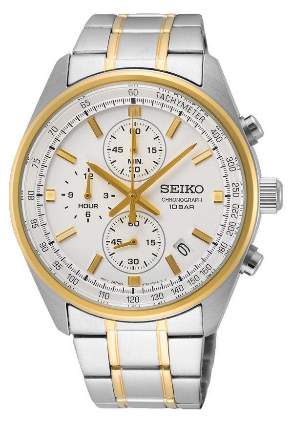 SEIKO chronograph bicolour herreur hvid urskive med lænke