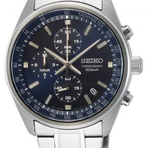 SEIKO chronograph herreur blå urskive med lænke