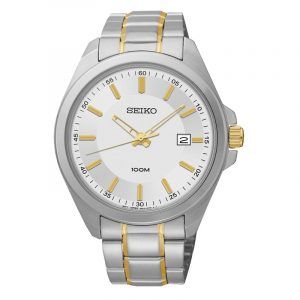 SEIKO herre armbåndsur bicolour, sølv urskive med dato, lænke