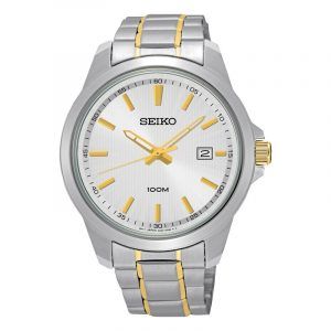 SEIKO herre armbåndsur bicolour, sølv urskive med dato, lænke