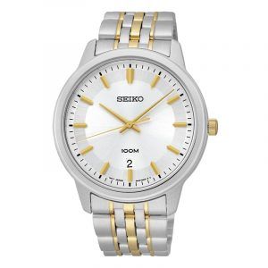 SEIKO herre armbåndsur bicolour, sølv urskive med dato, lænke